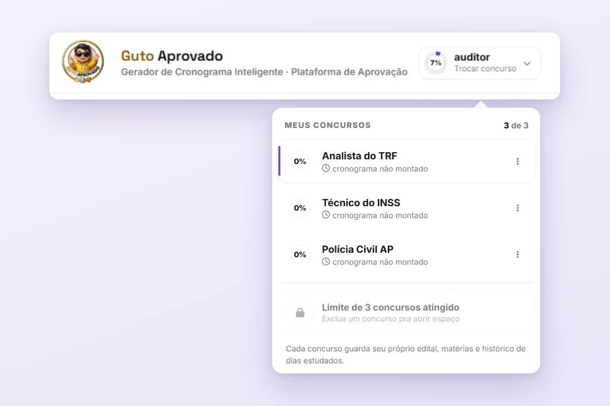 Topo da plataforma com o seletor Trocar concurso aberto, mostrando três concursos salvos na mesma conta