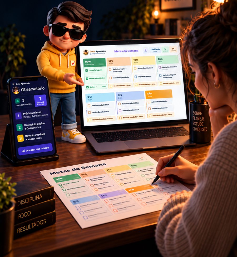 Estudante acompanhando o cronograma no notebook enquanto o Guto aponta a próxima missão, com o Observatório aberto no celular e a meta semanal impressa sobre a mesa
