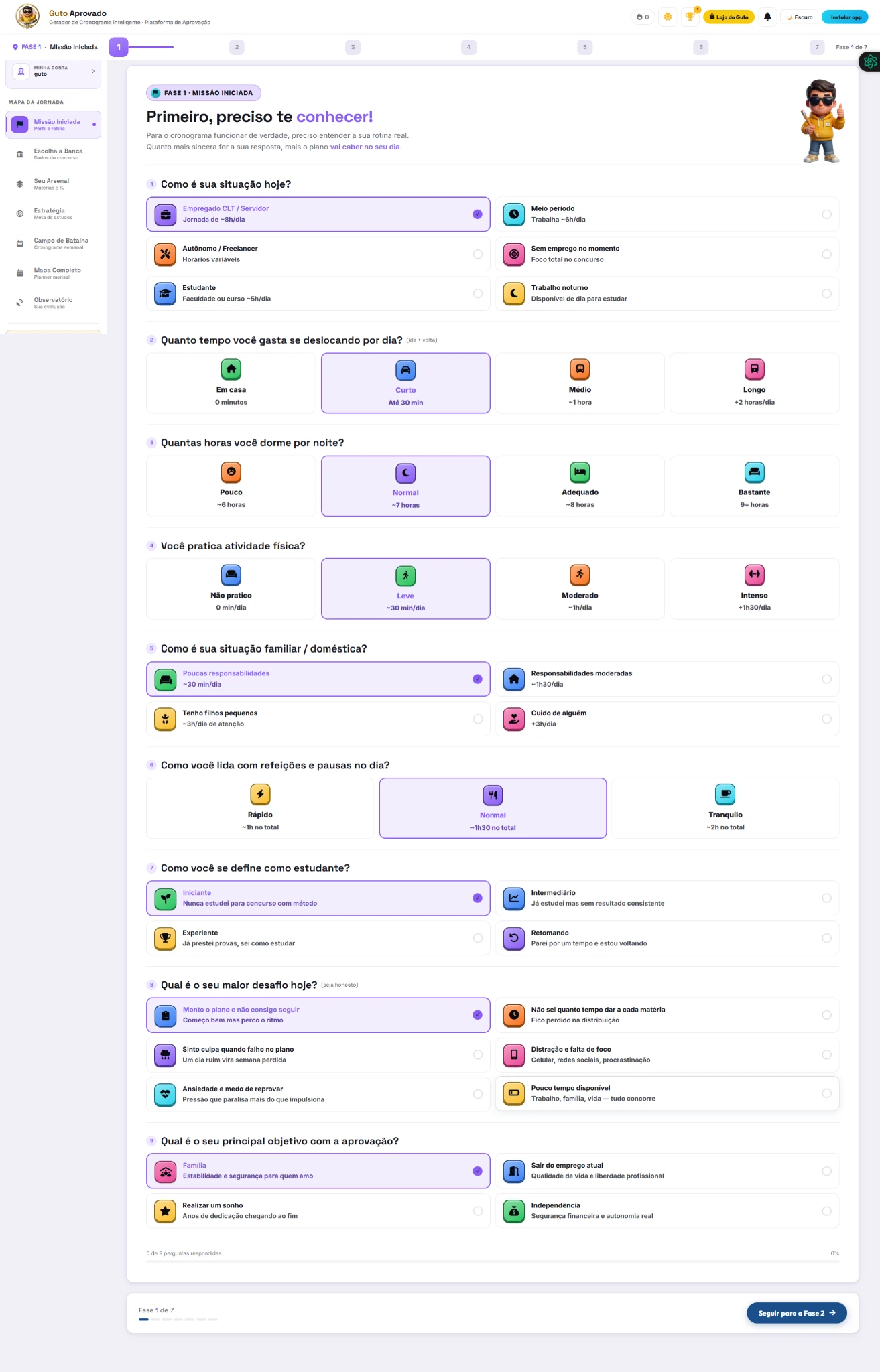 Fase 1: perguntas sobre perfil e rotina